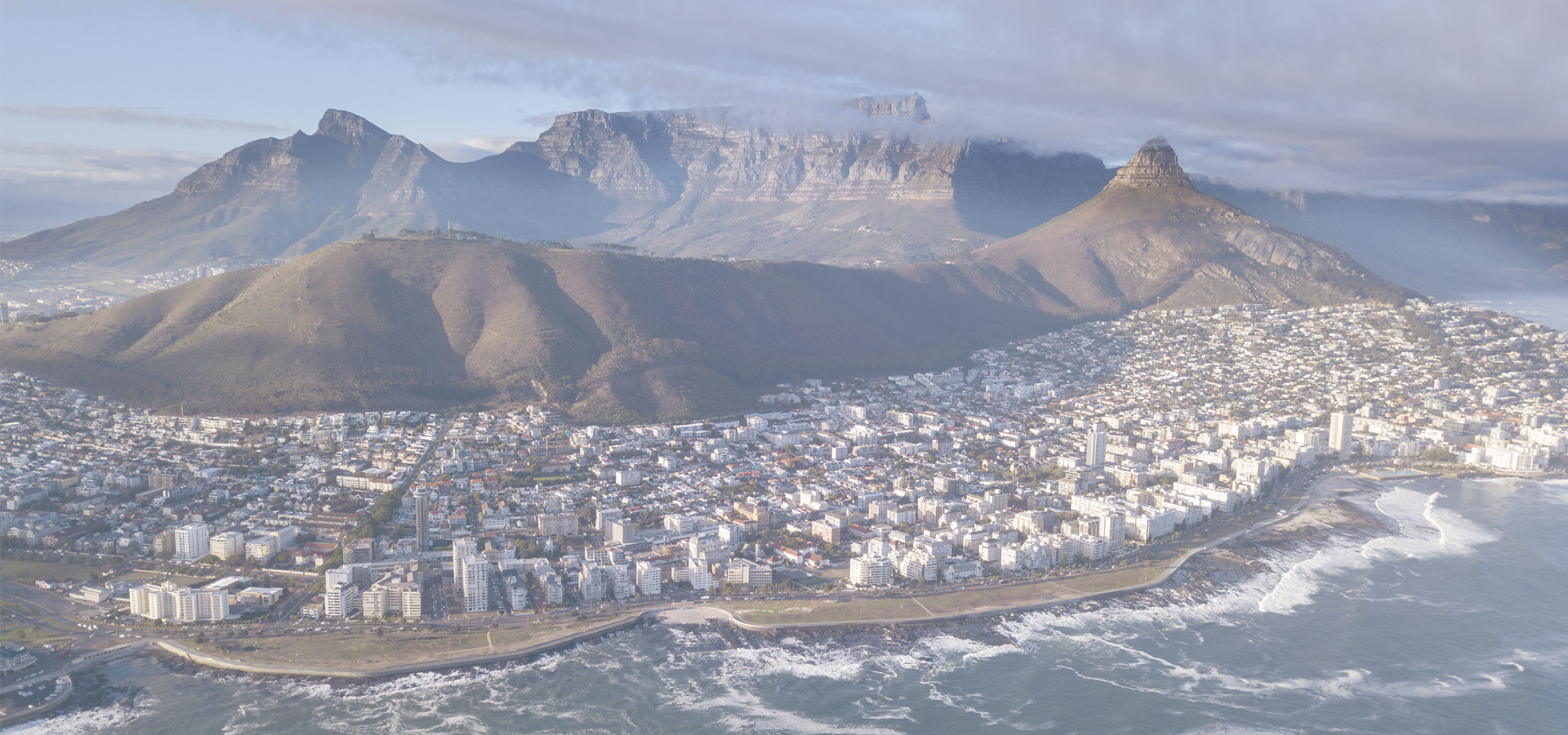 Aerial view over Cape Town, South Africa with Table Mountain